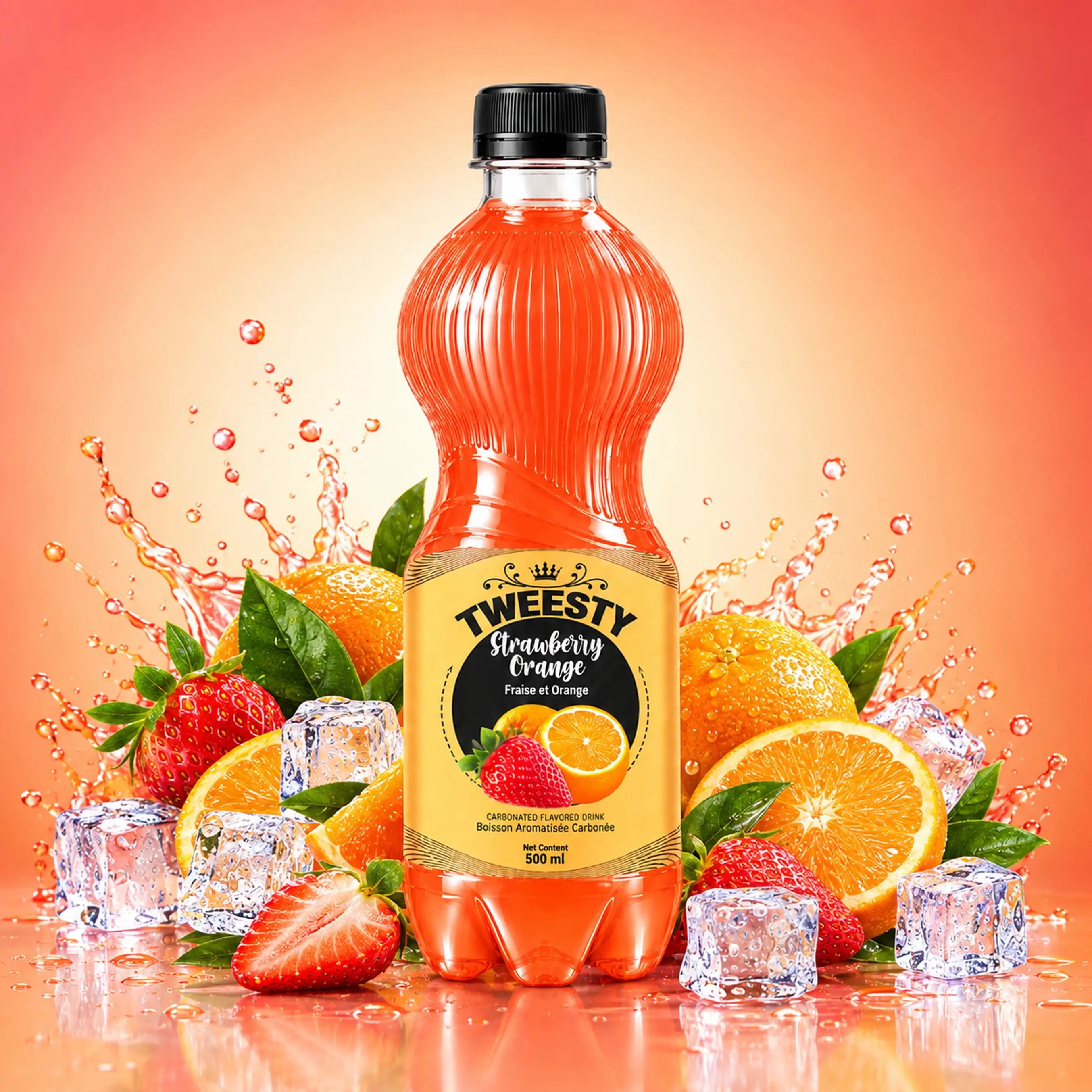TWEESTY Strawberry Orange carbonated flavoured drink 500ml PET bottle with strawberries, oranges, ice and splash